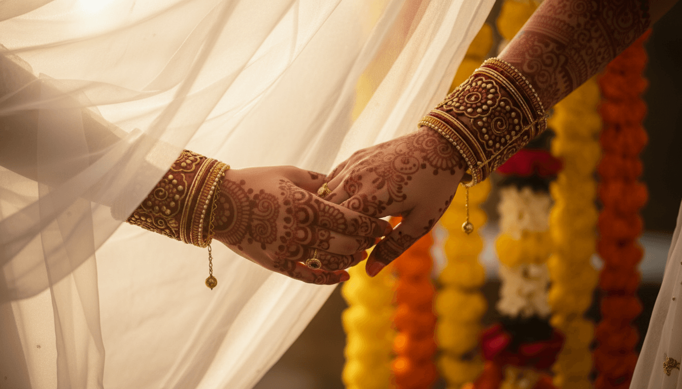 Delicate henna patterns on hands during wedding celebration