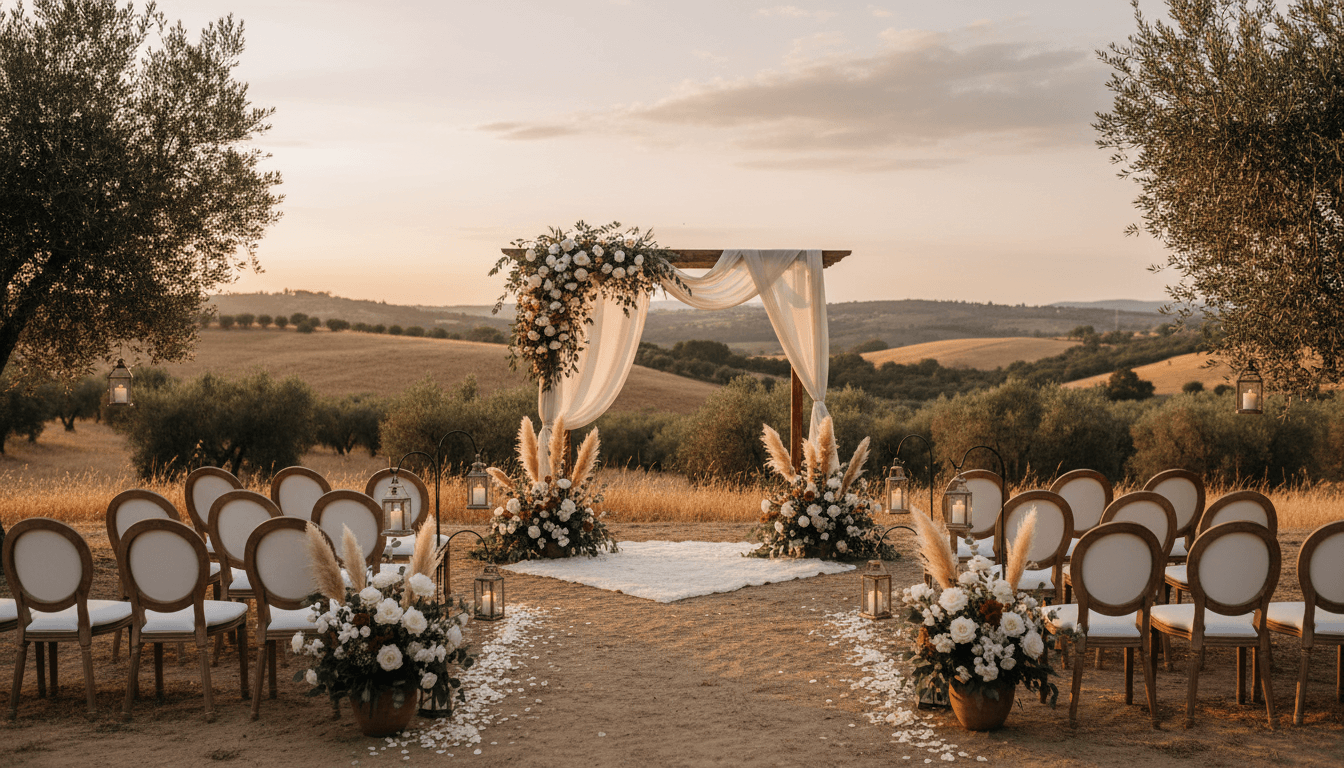 Serene outdoor wedding location with elegant arch and natural backdrop.